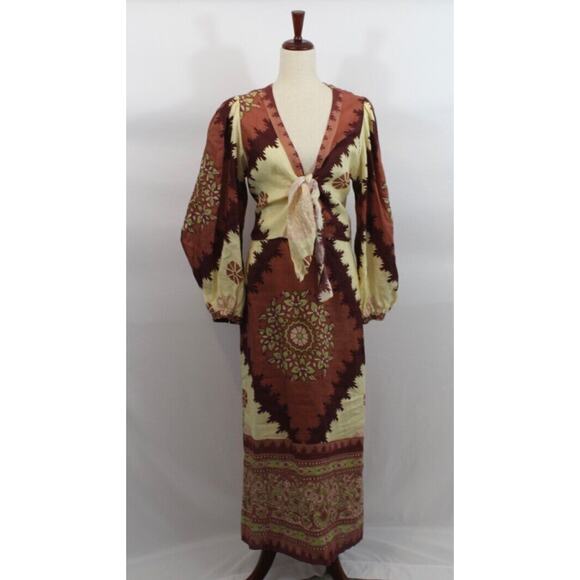 JOHANNA ORTIZ Sz 10 Sacred Soul Midi Dress Linen Midi Tie Front - Picture 13 of 16